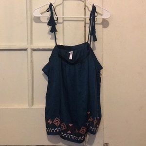 Blue Embroidered Tie-Strap Top